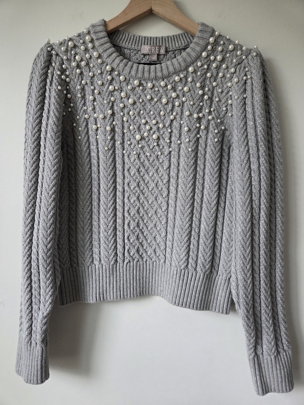 J. Crew Gray Pearl Embellished Cable Knit Sweater Womens Size Large - Picture 2 of 8